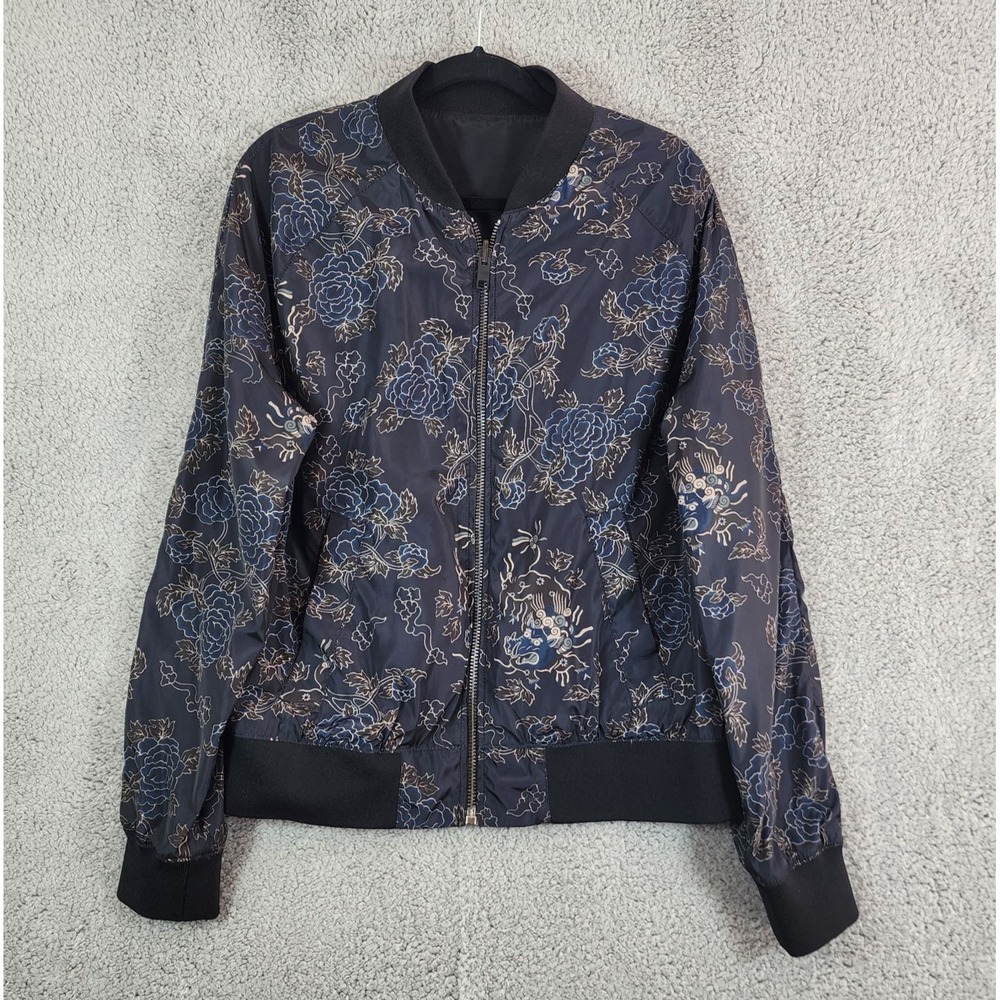 H&M Black/Blue Floral Dragon Reversible Bomber  Jacket Sz M Festival Minimalist